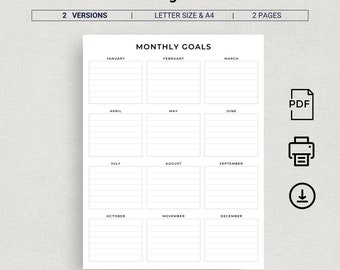 May include: A printable monthly goals planner with a grid layout for each month of the year. The planner is designed for letter size and A4 paper and includes two versions.