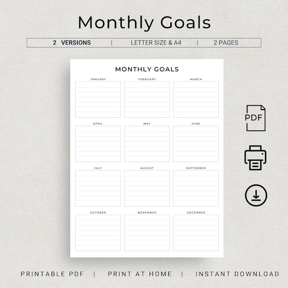 Printable Monthly Goals Planner Monthly Goal Progress Tracker Simple Goal Setting Worksheet Goal Sheets PDF Goal Planner A4 Letter Size