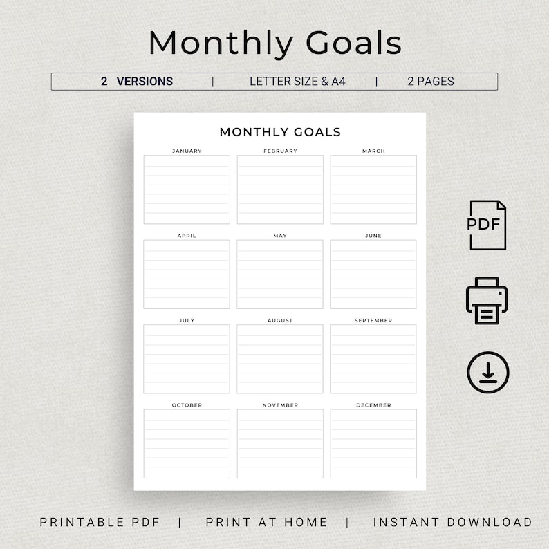 Printable Monthly Goals Planner Monthly Goal Progress Tracker Simple Goal Setting Worksheet Goal Sheets PDF Goal Planner A4 Letter Size