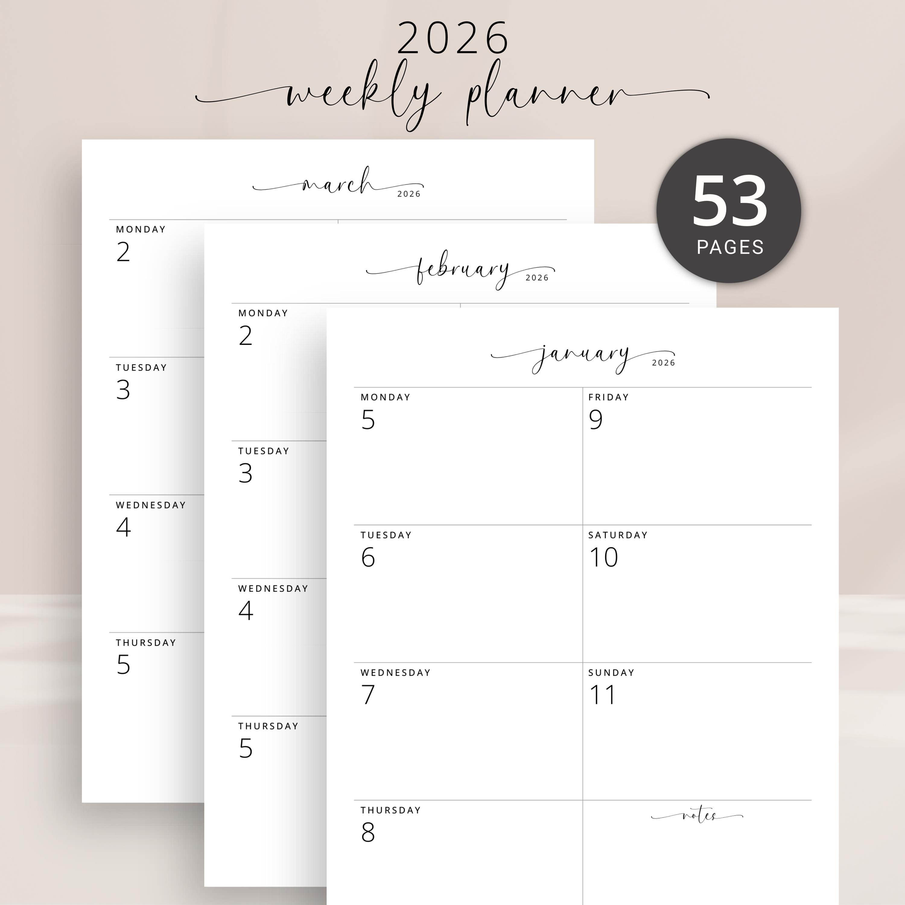 Dated 2026 Weekly Planner Minimalist 2026 Weekly Journal Portrait ...