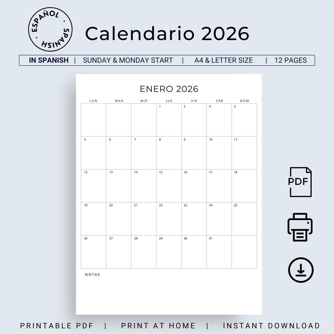 Calendario En Español 2026 Printable Monthly Calendar in Spanish 2026