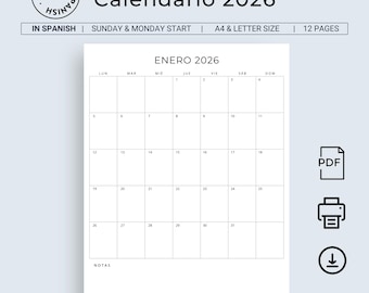 Calendario en Español 2026 Printable Monthly Calendar in Spanish 2026 Monthly Planner Portrait A4 Letter Instant Download 2026 Wall Calendar