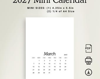 Mini calendario 2027. Pequeño calendario 2027. Estilo editorial vertical. Calendario de escritorio DIY. Mini planificador 2027. Inserto imprimible en PDF. A6. Diario 2027.