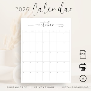 Calendario 2026 Planificador Mensual 2026 Vertical 2026 Calendario Mensual Elegante Retrato Tamaño Carta A4 Calendario Imprimible Domingo y Lunes Inicio