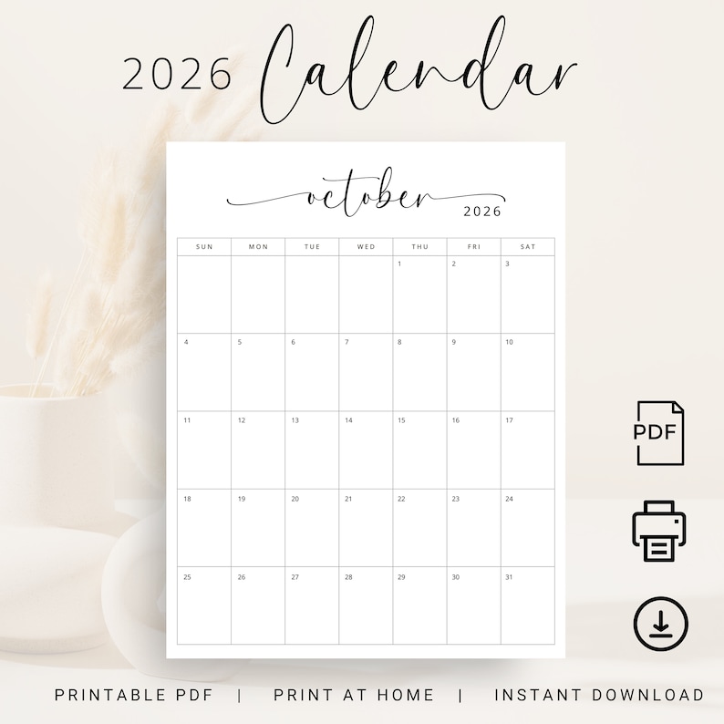 K&ouml;nnte beinhalten: Ein druckbarer Kalender f&uuml;r Oktober 2026. Der Kalender ist in Schwarzwei&szlig; gehalten und hat ein schlichtes Design. Es ist eine PDF-Datei, die heruntergeladen und zu Hause ausgedruckt werden kann.