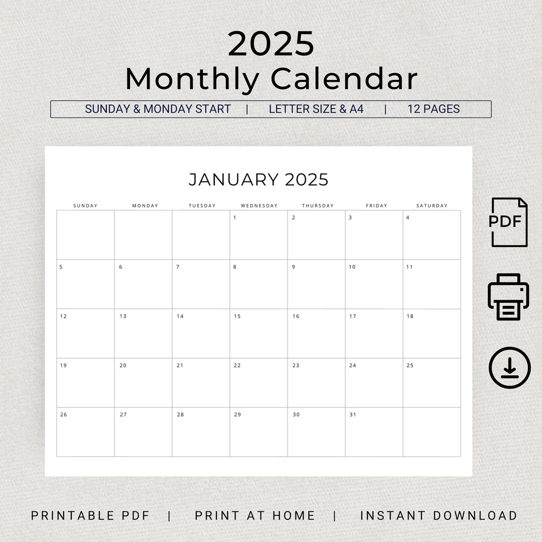 2025 Monthly Planner Landscape Sunday Start Monday Start 2025 Minimal ...