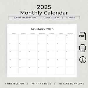 Planificador mensual horizontal 2025 con inicio en domingo y inicio en lunes. Calendario mensual minimalista en blanco y negro 2025. Tamaño carta A4. Planificador PDF para imprimir en casa.