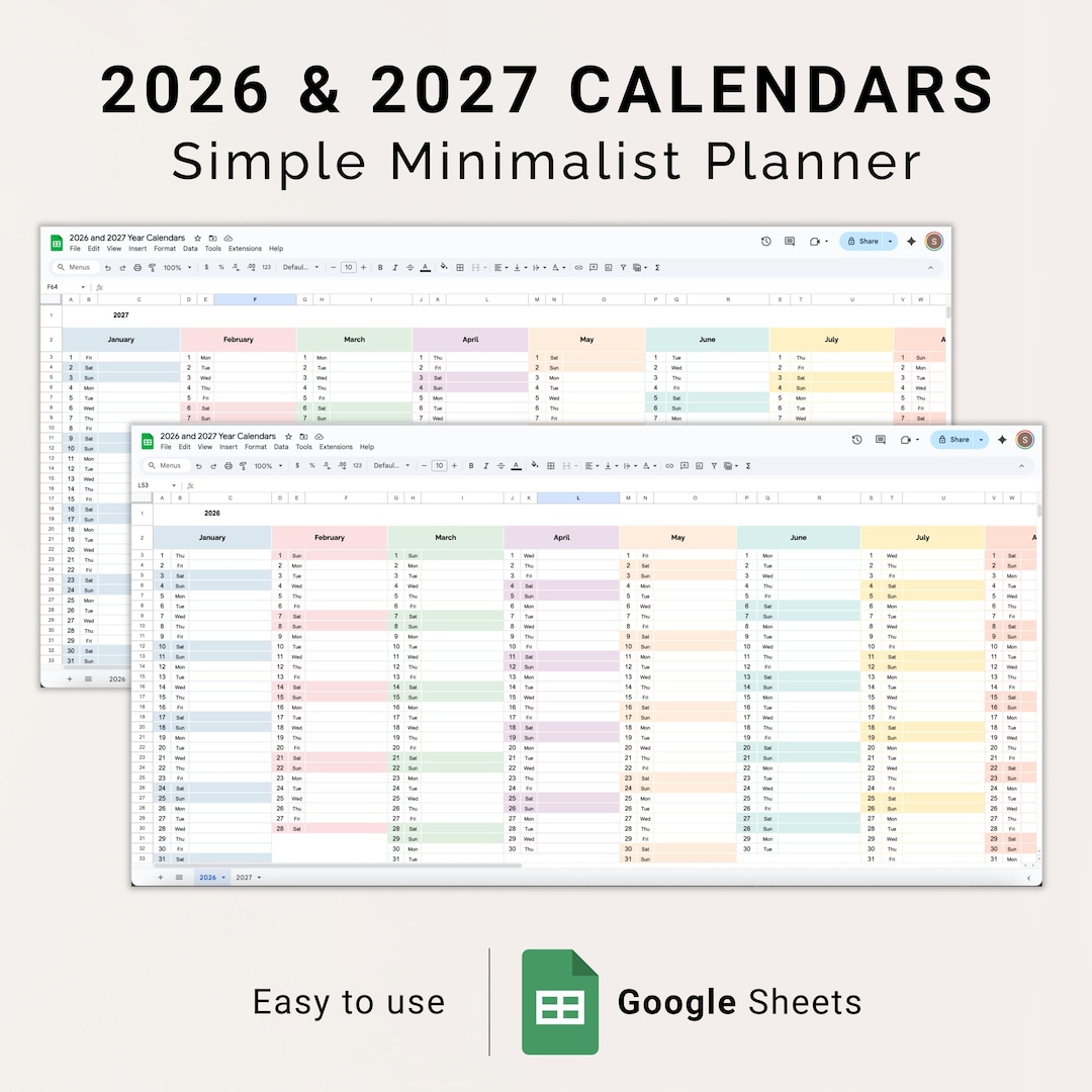 2026 2027 Year Calendar Google Sheets Template 2026 & 2027 Digital ...