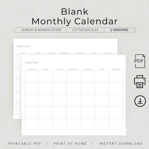 Calendario en blanco, planificador mensual sin fecha, calendario mensual minimalista en blanco, horizontal, inicio en domingo, inicio en lunes, plantilla de calendario imprimible en formato PDF