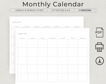 Leerer Kalender undatierter Monatsplaner, minimalistischer leerer Monatskalender im Querformat, Sonntagsanfang, Montagsanfang, druckbare Kalendervorlage im PDF-Format