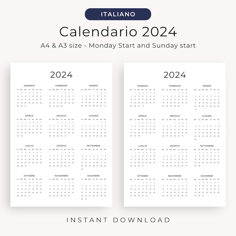 Calendario 2024 Calendario Annuale 2024 Calendario in Italiano 2024 PRINTABLE Italian Calendar 2024 Portrait A3 A4 Letter Wall Calendar PDF