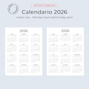 Calendario 2026 Calendario en Español 2026 Calendario Imprimible Calendar Spanish 2026 Printable Minimalist Wall Calendar A3 A4 Letter Size