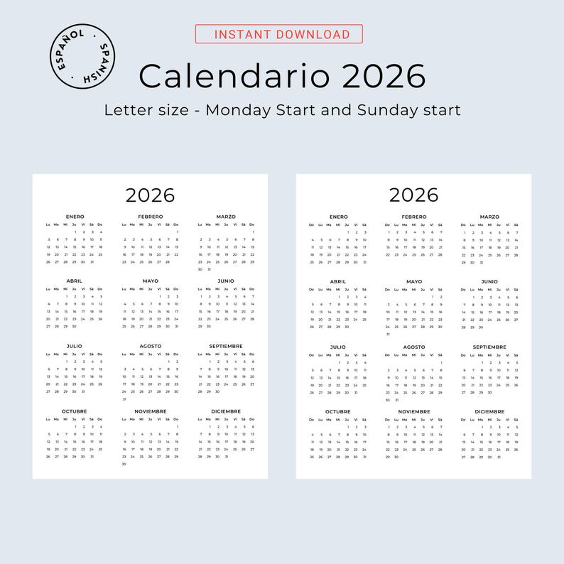 Calendario 2026 Calendario en Español 2026 Calendario Imprimible Calendar Spanish 2026 Printable Minimalist Wall Calendar A3 A4 Letter Size