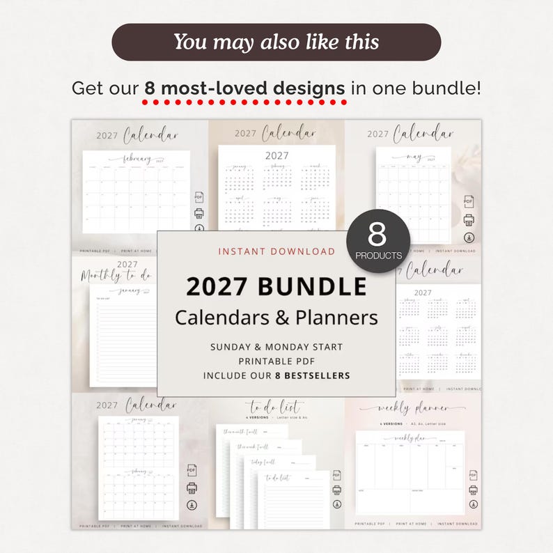 Bundle Printable 2027 Calendar 2027 Monthly Planner PDF Vertical Elegant Wall Calendar Sunday & Monday Start A4 US Letter Size Desk Calendar 2027