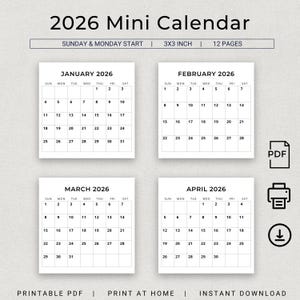 Puede incluir: Un mini calendario imprimible de 2026 con 12 páginas, cada página mide 7,62 cm x 7,62 cm. El calendario presenta un diseño simple en blanco y negro con domingo y lunes comenzando la semana.
