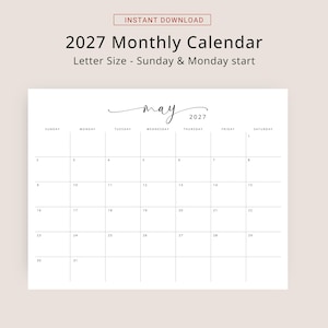 2027 Calendar 2027 Monthly Planner Landscape Elegant Wall Calendar Sunday & Monday Start 2027 A4 Letter Size Desk Planner Printable PDF