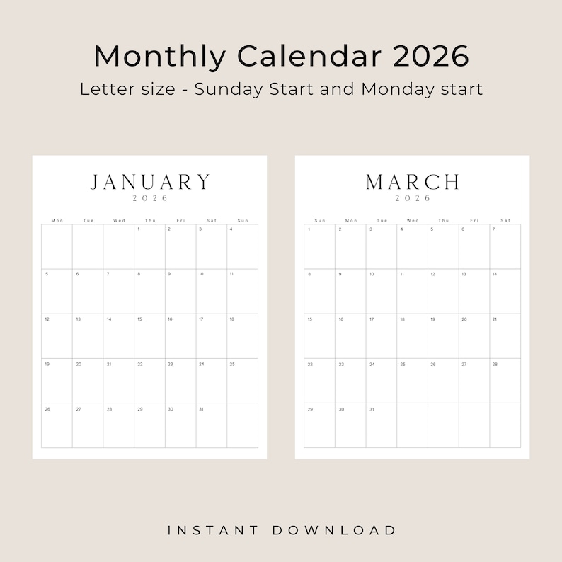 2026 Printable Calendar 2026 Planner Vertical Calendar Portrait LUXE Monthly Calendar A4 Letter Size Sunday & Monday Start 2026 Calendar PDF