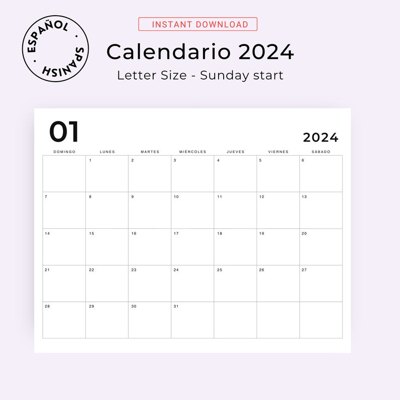 Calendario 2024 Calendario Mensual 2024 Imprimible Calendario Etsy