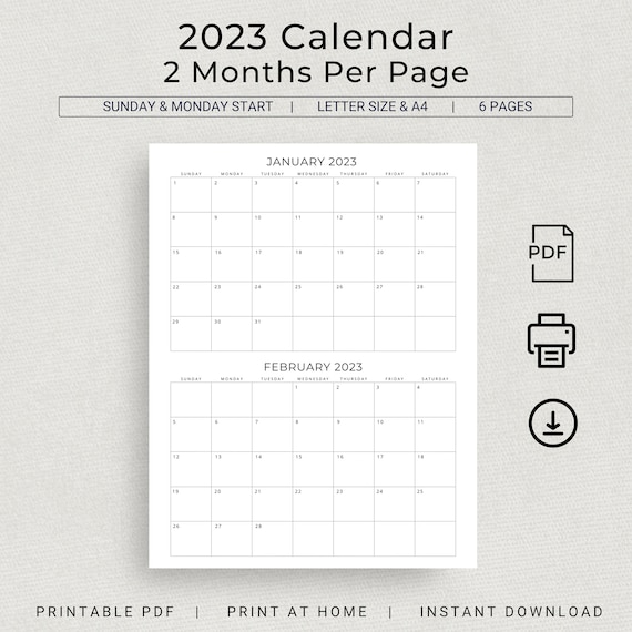 2023 calendar 2023 planner 2 month calendar wall calendar 2 months per page  monthly calendar desk calendar minimalist printable calendar pdf - etsy