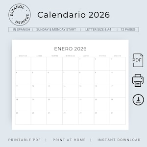 May include: A printable calendar for January 2026 in Spanish. The calendar is formatted with Sunday and Monday as the start days of the week. The calendar is in letter size and A4 format.