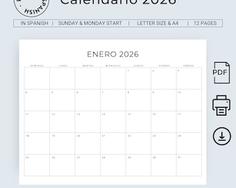 2026 Calendario en Español 2026 Spanish Calendar Calendario Mensual 2026 Planner in Spanish 2026 Minimal Calendar Printable A4 Letter Size