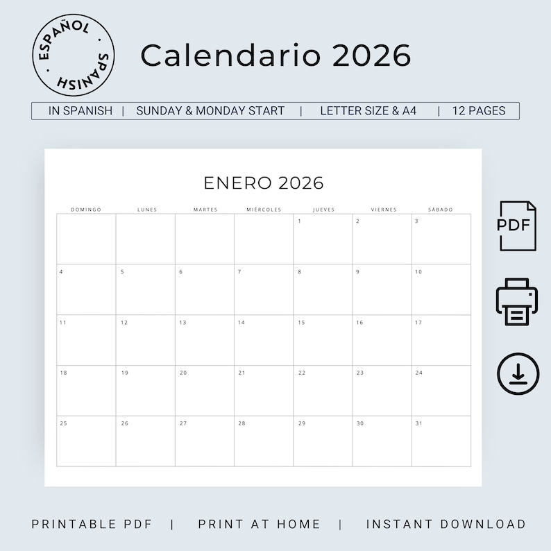2026 Calendario En Español 2026 Spanish Calendar Calendario Mensual