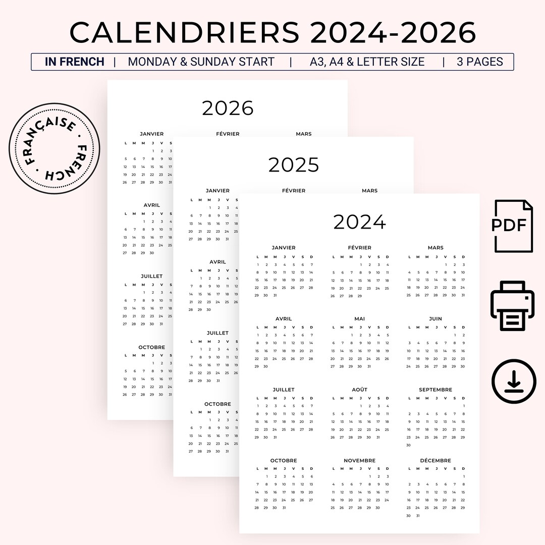 Calendrier Français 2024 2025 2026 Calendrier Annuel Imprimable En ...
