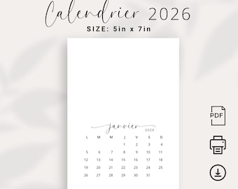 Calendrier 2026 5 x 7 Zoll Kalenderkarte auf Französisch 5 x 7 Zoll Printable DIY Kalender Kleiner französischer Kalender PDF Kalender 2026 Sonntag & Montag Start