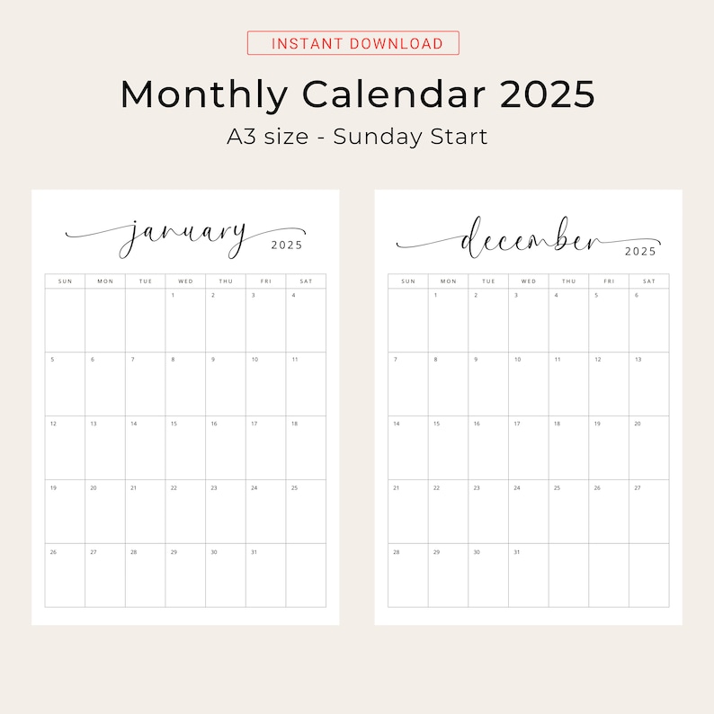 2025 Calendar A3 2025 Planner A3 Monthly Calendar Vertical 2025 ...