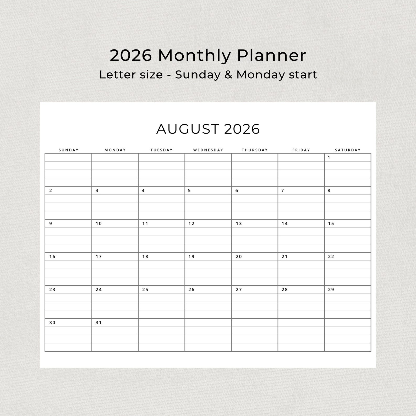 Printable 2026 Monthly Planner With Lines 2026 Calendar Landscape ...