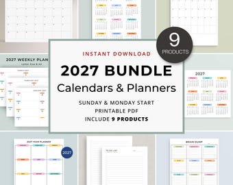 2027 Planner Bundle Printable Calendar & Planner Pack 2027 Yearly Monthly Weekly Planners To Do List Notes Brain Dump A3 A4 US Letter Color