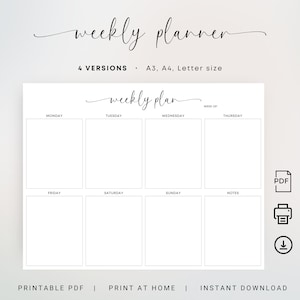 Planificador semanal imprimible Horario semanal elegante Planificador de paisaje Imprimir en casa Lista de tareas semanales de un vistazo PDF A3 A4 Tamaño carta