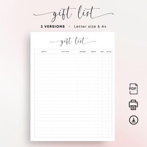 Lista de presentes Ideias para presentes para impressão Lista de compras de presentes Lista de presentes Planejador de presentes de aniversário Inserir Rastreador de presentes mínimo PDF Elegante Tamanho de carta A4