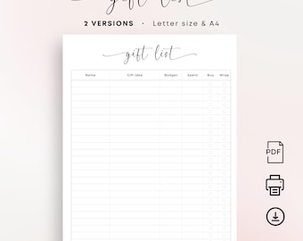 Gift List Printable Gift Ideas Gift Shopping List Present List Birthday Gift Planner Insert Minimal Gift Tracker PDF Elegant A4 Letter Size
