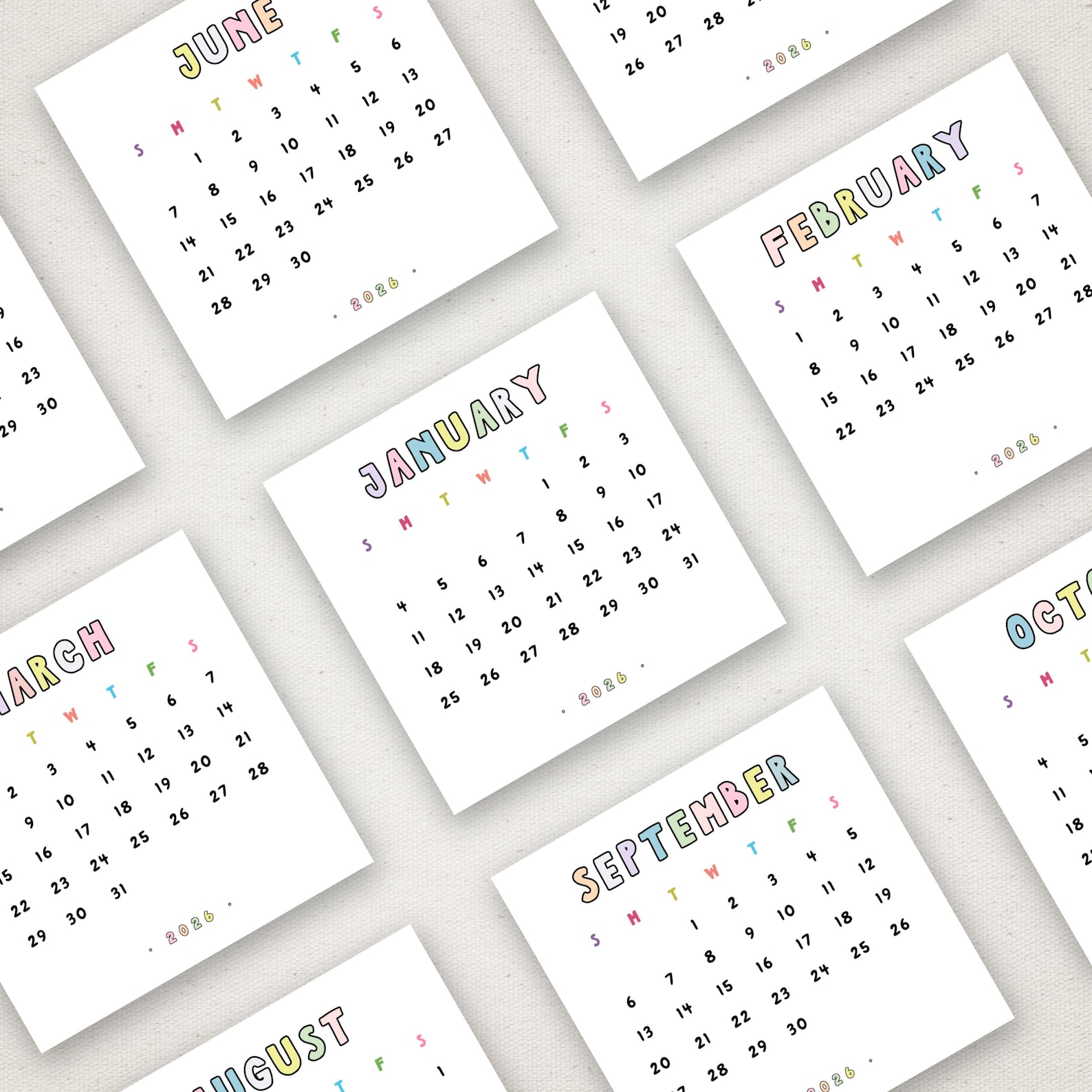 Cute 2026 Mini Calendar Printable 3x3 Inch Monthly PDF Pastel Colors ...