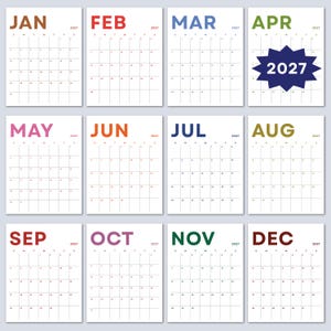 May include: A set of twelve monthly calendars for 2027. Each calendar is on a white background with the month's name in a different colour at the top. The year 2027 is also displayed. The April calendar has a blue starburst with the year 2027.
