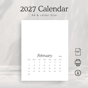 May include: A white 2027 calendar with the month of February displayed. The calendar is A4 and Letter size. The days of the week are listed across the top, with the dates below. The text "2027 Calendar" is at the top.