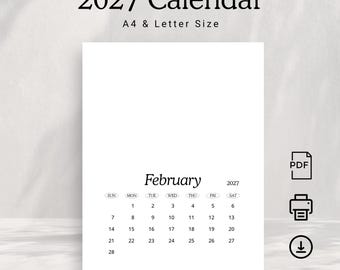 2027 Calendar Printable PDF 2027 Calendar Portrait 2027 Monthly Planner DIY Wall Calendar Editorial A4 US Letter Sunday & Monday Start