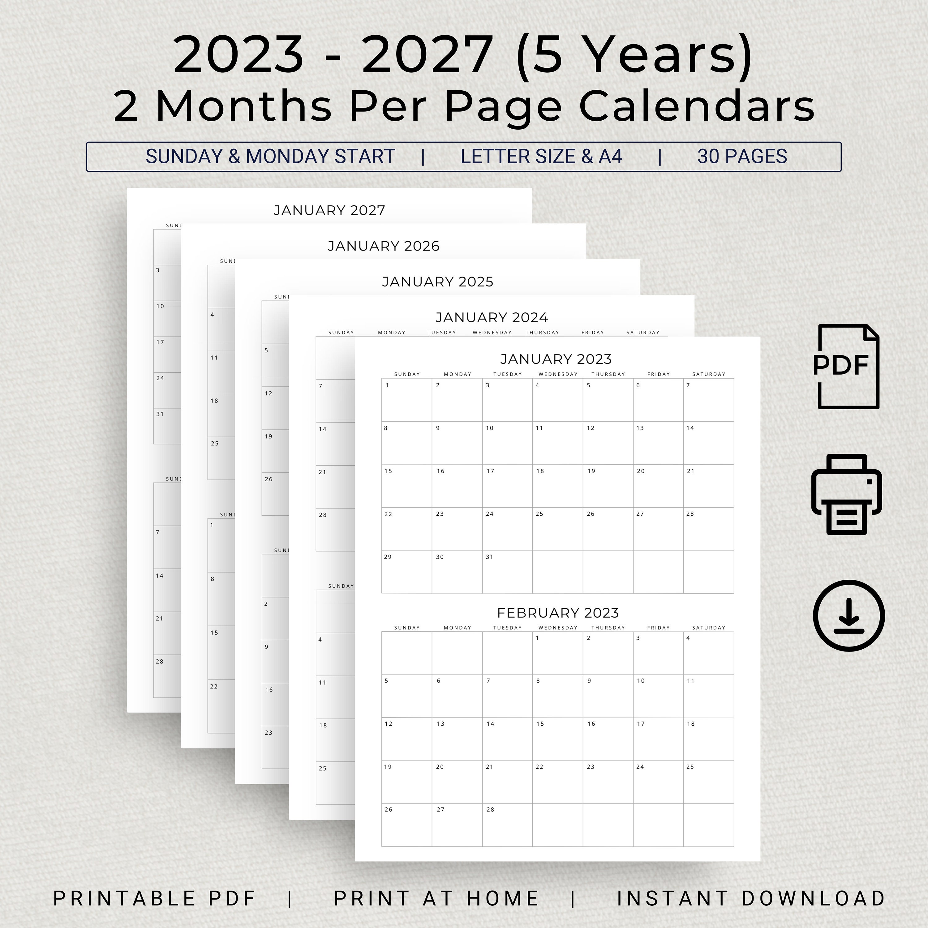 Calendar 2023 to 2027 2 Months per Page Monthly Calendar 5 Years Monthly  Calendar 2023 2024 2025 2026 2027 Minimal Planner Printable PDF - Etsy