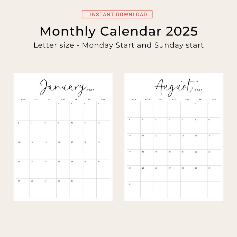 2025 Calendar 2025 Monthly Planner Printable 2025 Vertical Monthly