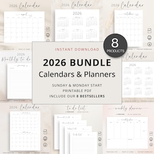 Peut inclure: Un ensemble de calendriers et planificateurs imprimables pour 2026. L'image présente divers modèles de calendriers, y compris des planificateurs mensuels et hebdomadaires, et des listes de tâches. Le texte comprend "Téléchargement instantané" et "8 Produits".