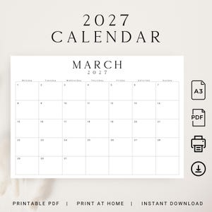 A3 2027 Kalender 2027 Månadsplanerare Landskap 2027 Minimalistisk skrivbordskalender LUXE Utskrivbar PDF Väggkalender Måndag Start & Söndag Start