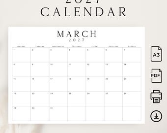 Könnte beinhalten: Ein minimalistischer Kalender für März 2027, mit einem sauberen Rasterlayout, das Daten und Wochentage anzeigt. Das Design ist in Schwarz und Weiß gehalten, mit dem Text "2027 CALENDAR" oben. Enthält Symbole für A3, PDF, Drucken und Herunterladen.
