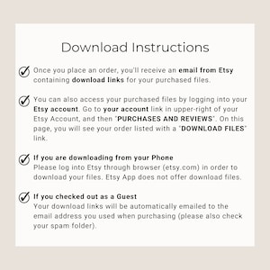 Pu&ograve; includere: Uno sfondo bianco con un elenco di controllo di istruzioni per scaricare file digitali acquistati su Etsy. Le istruzioni includono come scaricare i file dopo l'acquisto come ospite, tramite l'app Etsy o accedendo al tuo account Etsy.