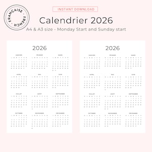 Calendrier 2026 Français 2026 Calendrier Annuel 2026 Imprimable Calendar in French 2026 PDF Yearly Calendar French PDF Vertical A3 A4 Letter