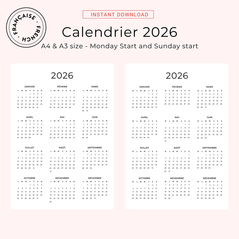 Calendrier 2026 Français 2026 Calendrier Annuel 2026 Imprimable Calendar in French 2026 PDF Yearly Calendar French PDF Vertical A3 A4 Letter