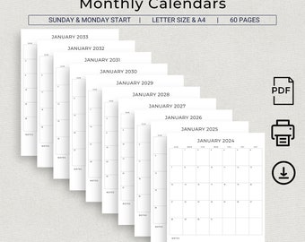 10 Jahre Monatsplaner 2024 bis 2033 Vertikaler Kalender 10 Jahre Monatskalender Printable PDF Minimalistischer Kalender A4 Letter Size