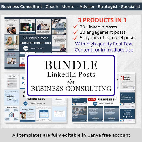 BUNDLE Business Consulting LinkedIn Canva Templates Business Consultant LinkedIn Engagement Post Carousel Post Business LinkedIn Template