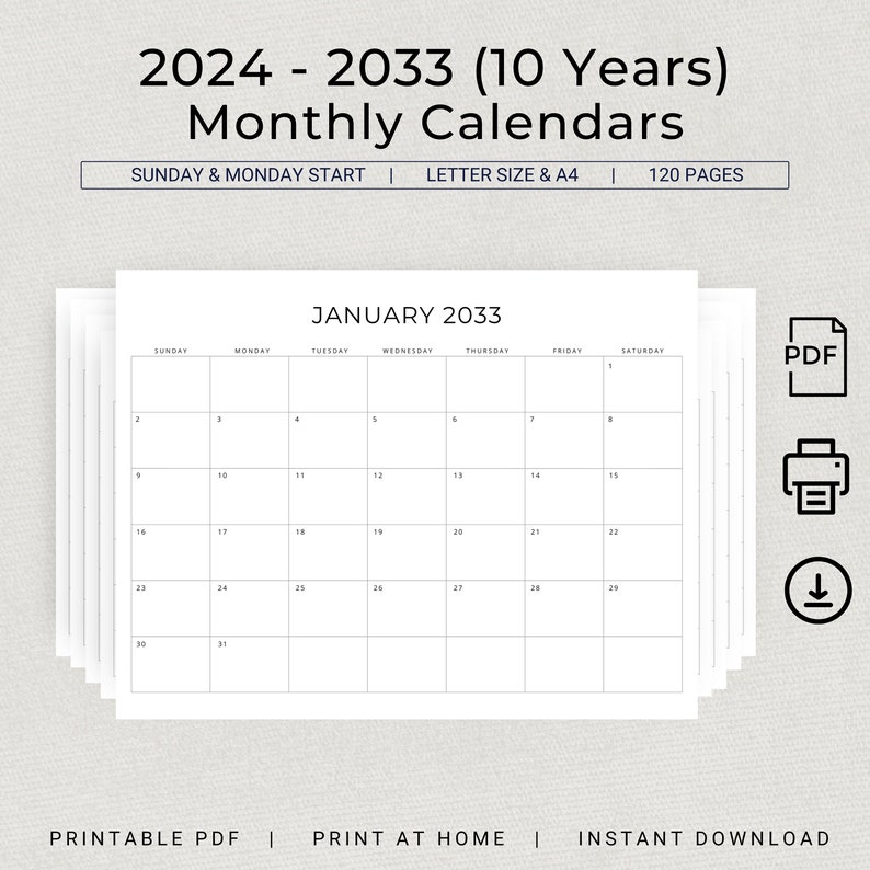 10 Years Calendar 2024 to 2033 Calendar PRINTABLE Landscape 10 Years