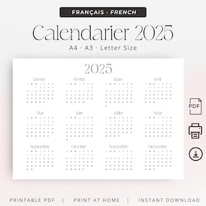 Calendrier Français 2025 Calendrier Annuel 2025 Calendário de parede em francês Calendário anual para IMPRIMIR Calendário de mesa PDF A3 A4 Letter Planner